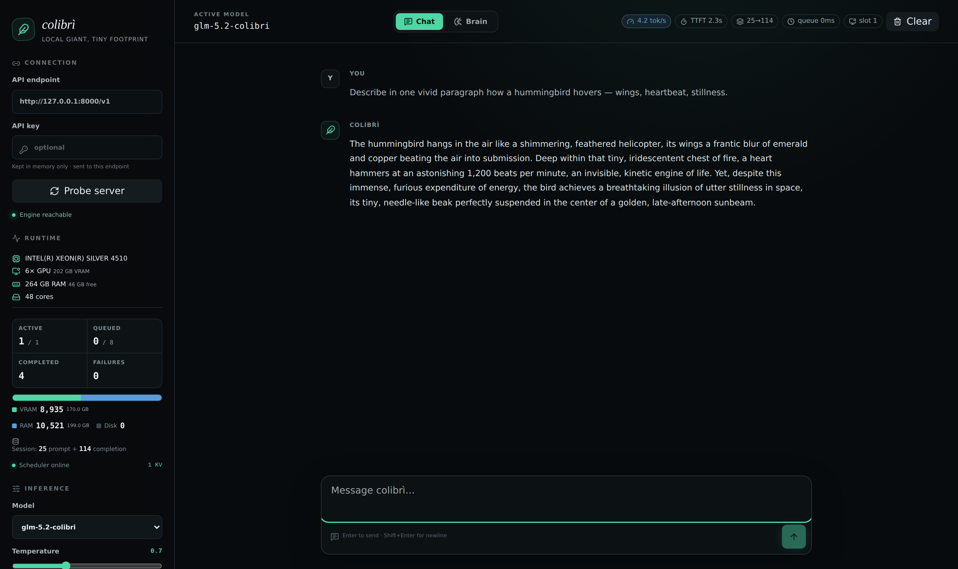 colibrì web dashboard — live metrics, hardware panel, expert tiers