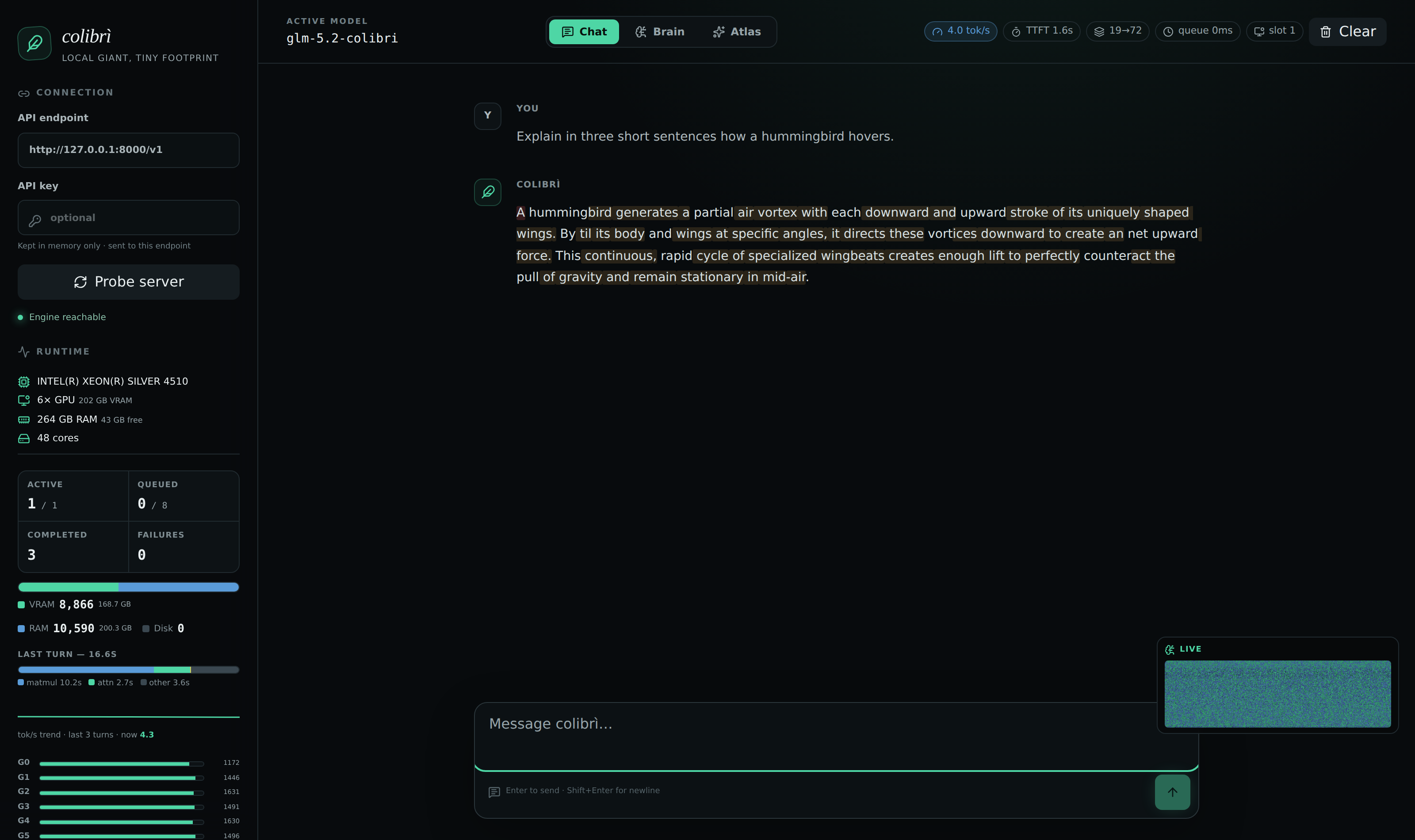 dashboard web di colibrì — metriche live, pannello hardware, livelli degli expert