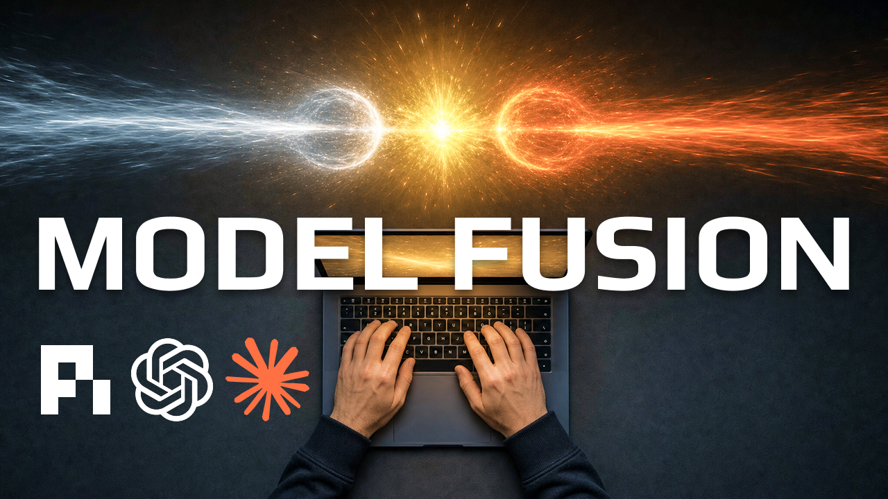MODEL FUSION — two model energy streams fusing into one over an engineer's keyboard