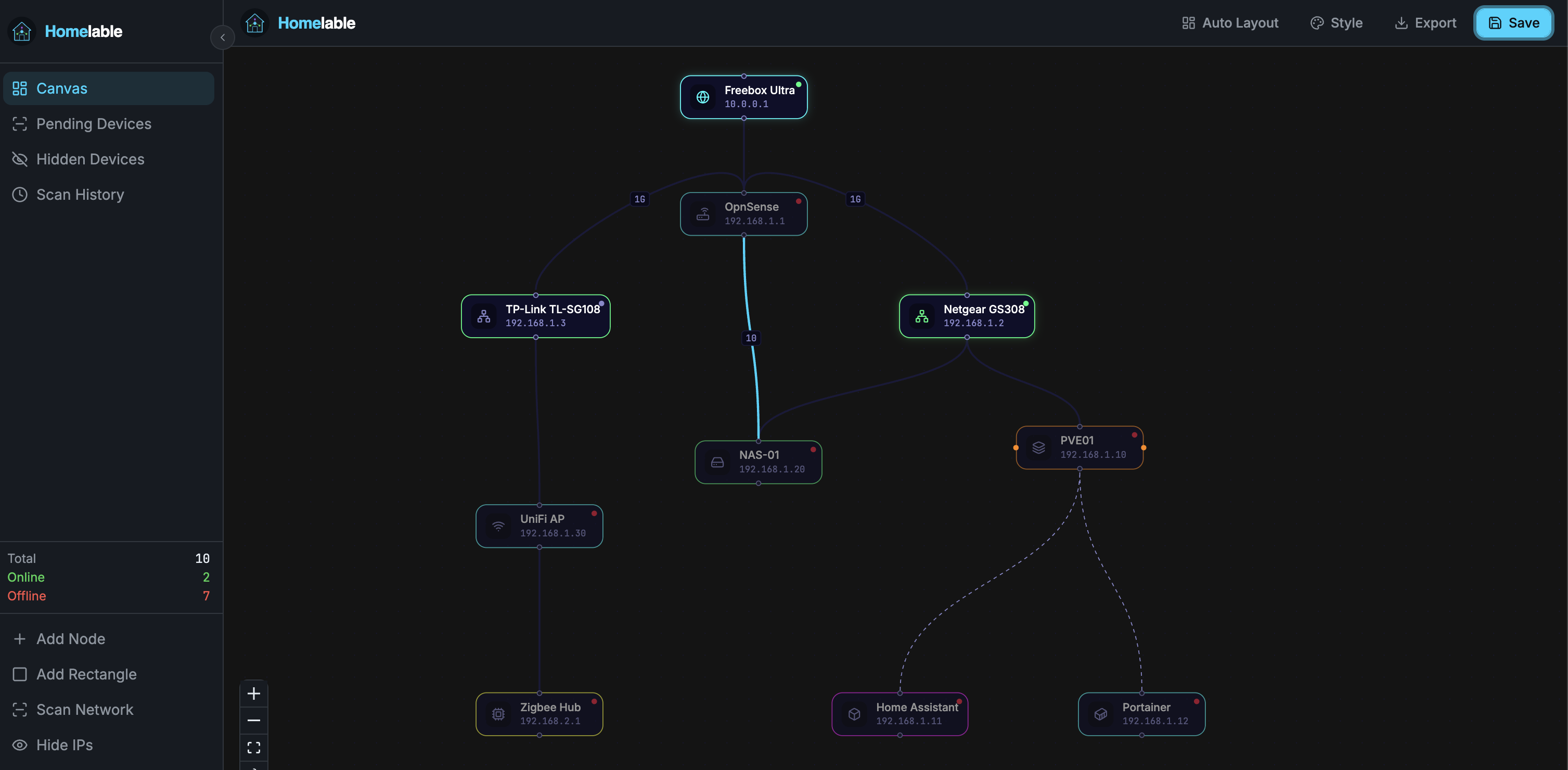 Homelable sidebar and scan